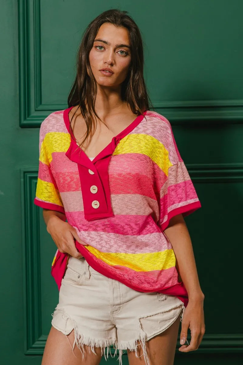 BiBi Multi Color Stripe Hacci Button Detail Ringer Top OutfitFlow