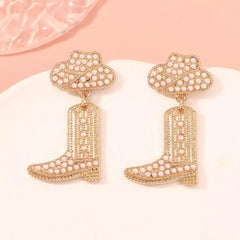 Rhinestone Cowboy Boot Dangle Earrings White onesize OutfitFlow