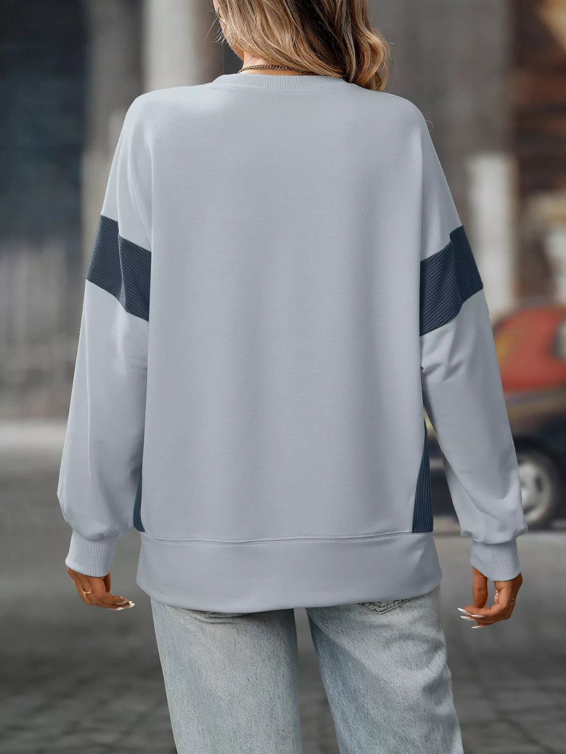 Side Slit Round Neck Sweatshirt OutfitFlow