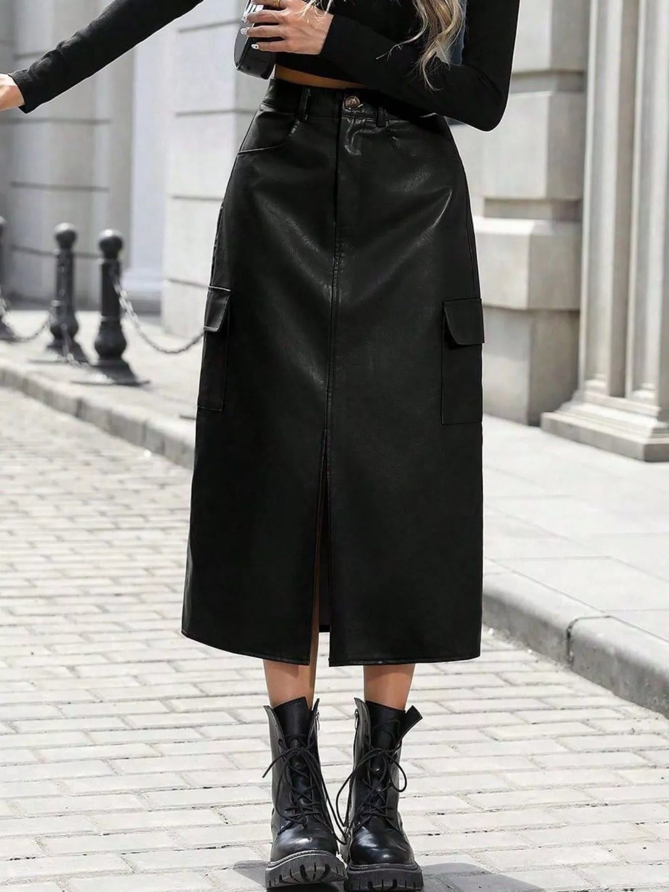 Slit Leather Cargo Skirt Black OutfitFlow