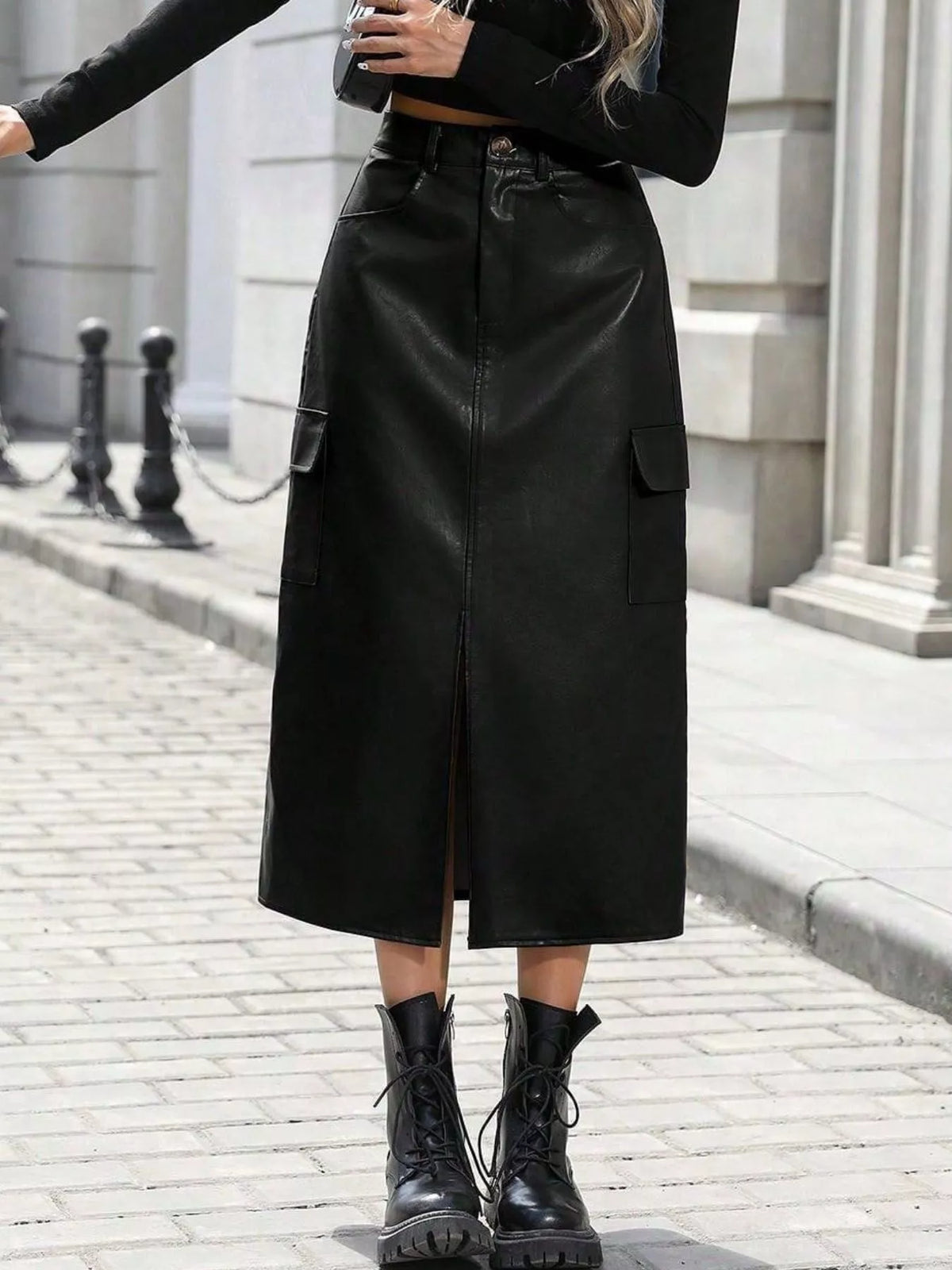 Slit Leather Cargo Skirt Black OutfitFlow
