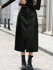 Slit Leather Cargo Skirt Black OutfitFlow