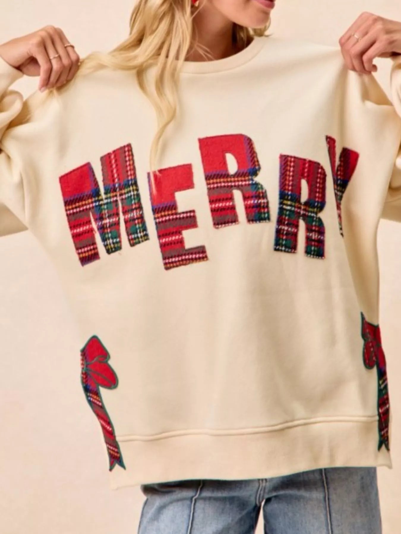 MERRY Bow Slit Crew Neck Christmas Sweatshirt OutfitFlow