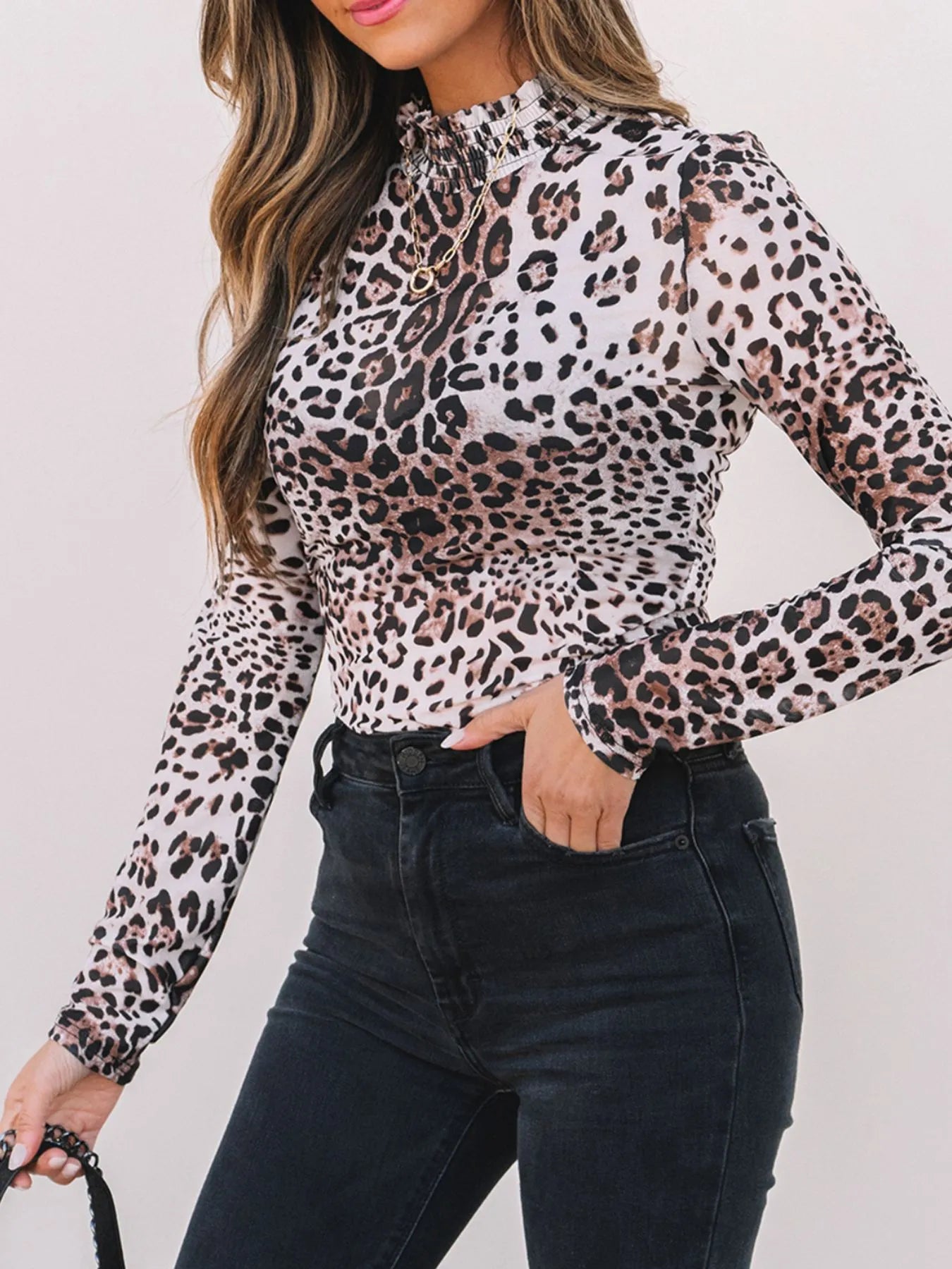 Leopard Print Long Sleeve Mock Neck Bodysuit OutfitFlow