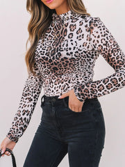 Leopard Print Long Sleeve Mock Neck Bodysuit OutfitFlow