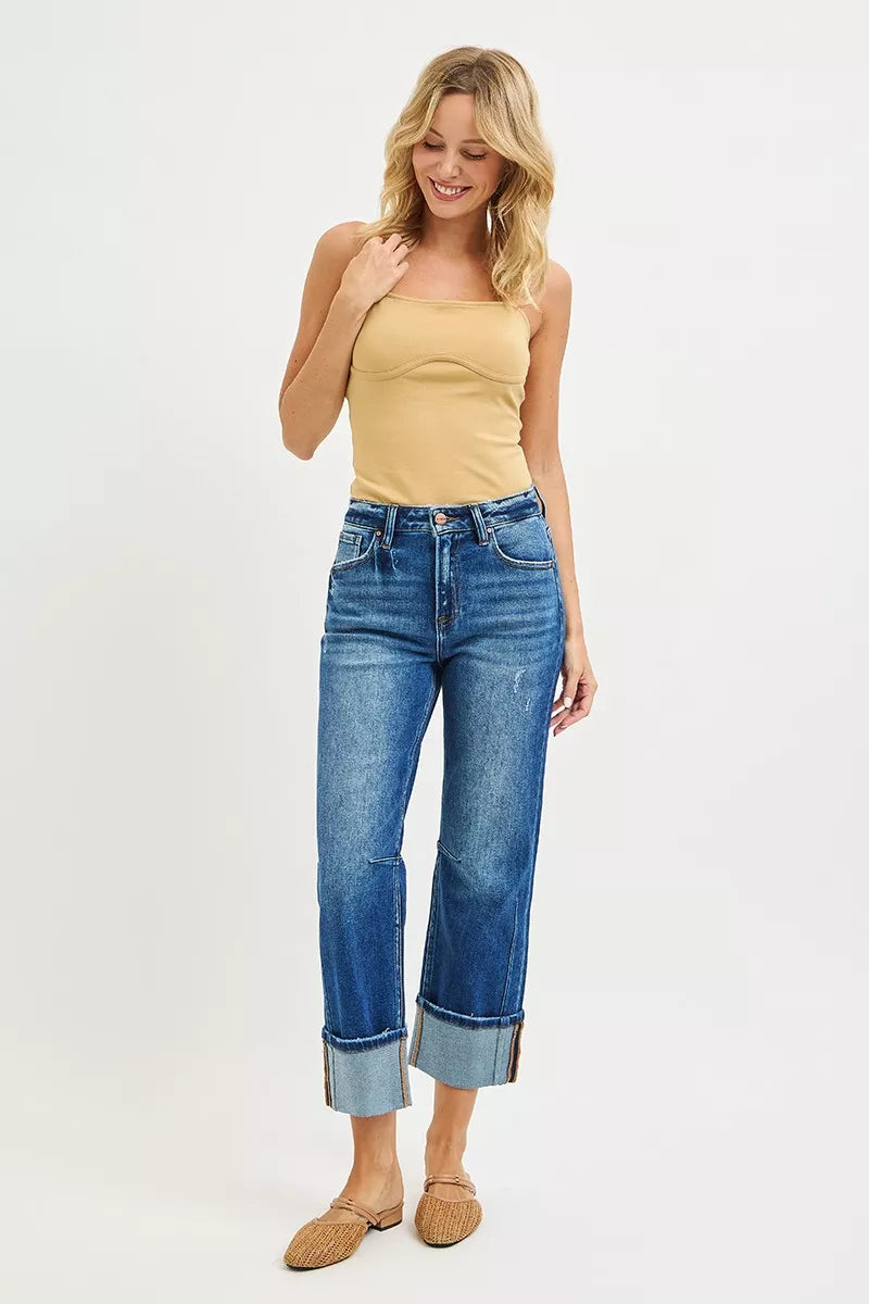 RISEN High Rise Straight Jeans with Distressed Hem OutfitFlow