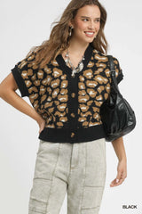 Umgee Leopard Button Down Short Sleeve Cardigan Black Trendsi
