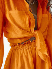 Full Size Button Up Balloon Sleeve Top and Shorts Set Plus Size OutfitFlow