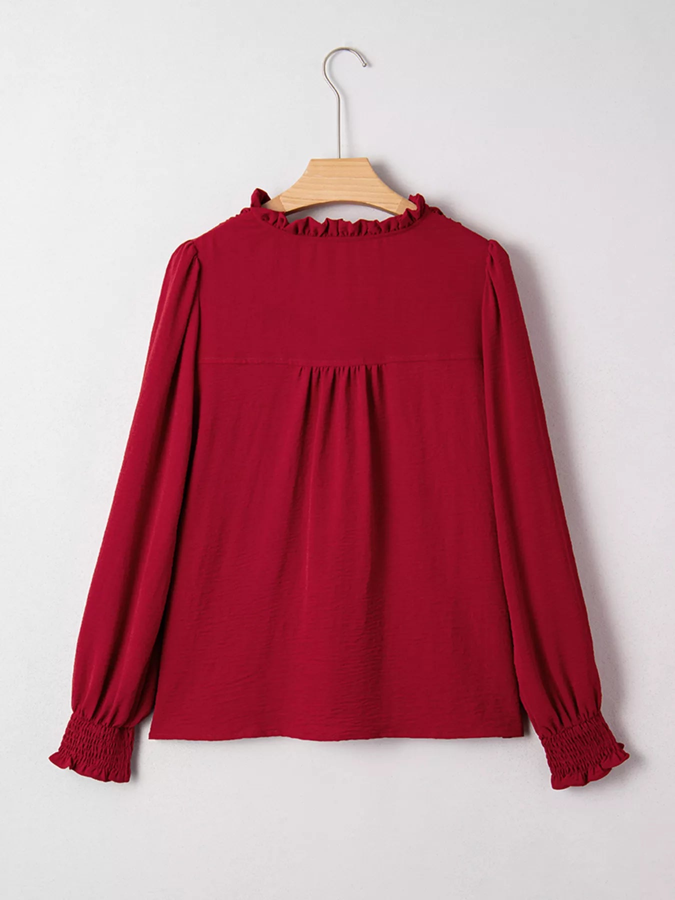 Notched Neck Shirred Cuff Long Sleeve Blouse OutfitFlow