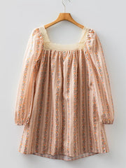 Floral Print Bow Lace Patchwork Long Sleeve Loose Mini Dress Trendsi