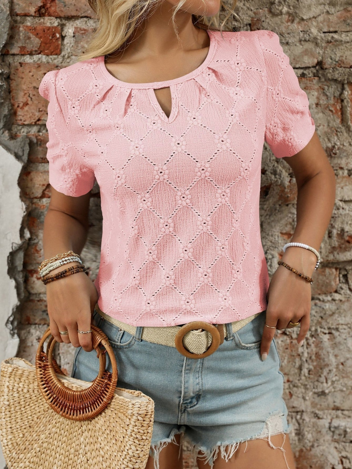 Eyelet Round Neck Short Sleeve Top Blush Pink OutfitFlow