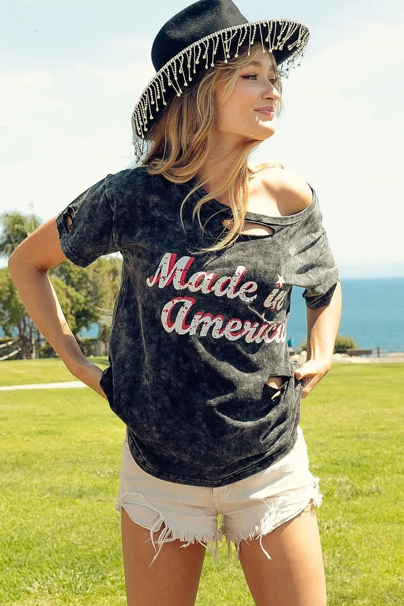 BiBi Laser Cut Mineral Washed America Print Top OutfitFlow