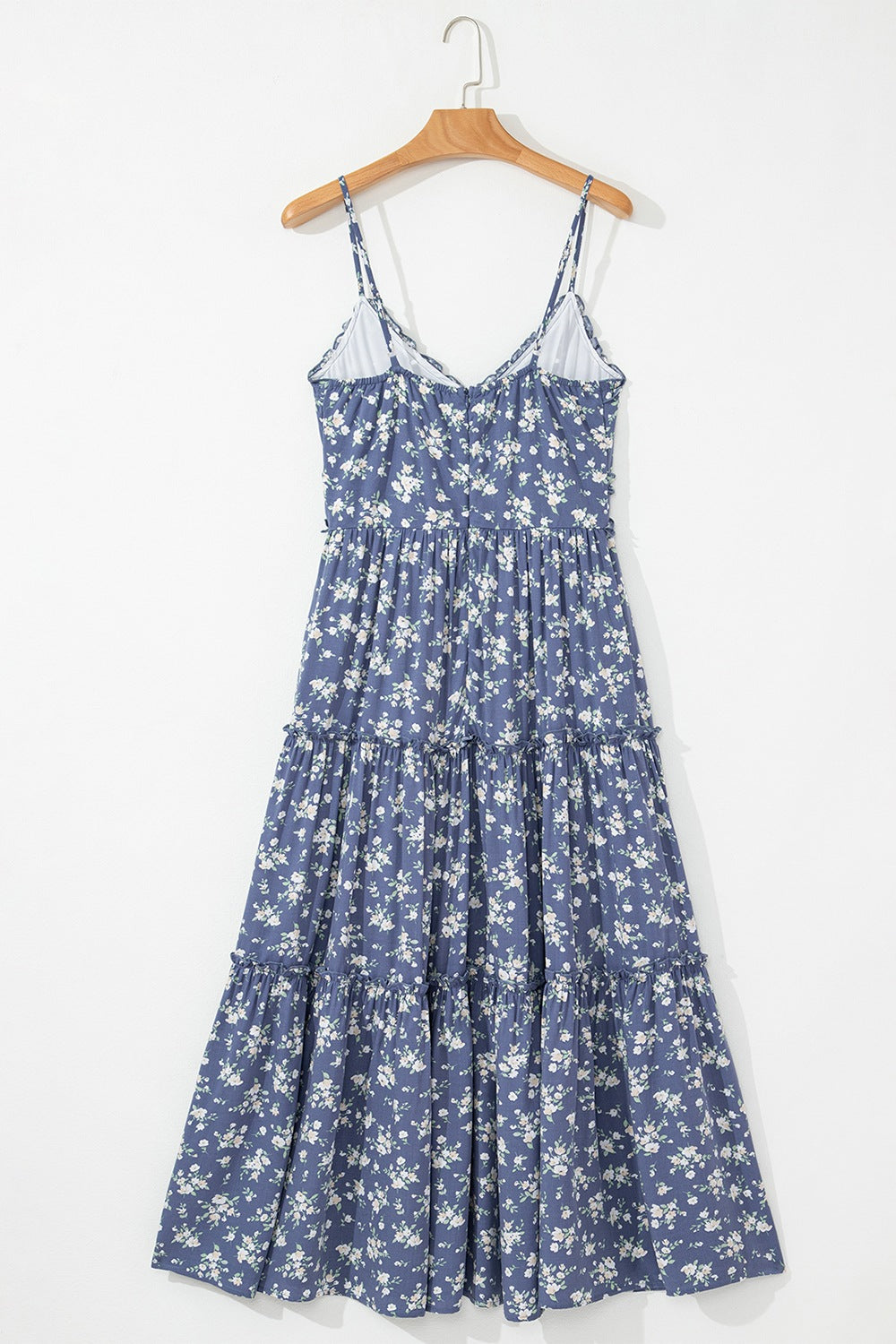 Floral Spaghetti Strap Frilled V Neck Tiered Midi Dress OutfitFlow
