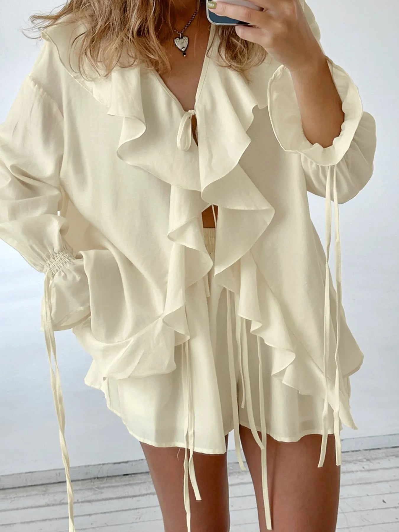 Ruffled V-Neck Top and Shorts Set OutfitFlow