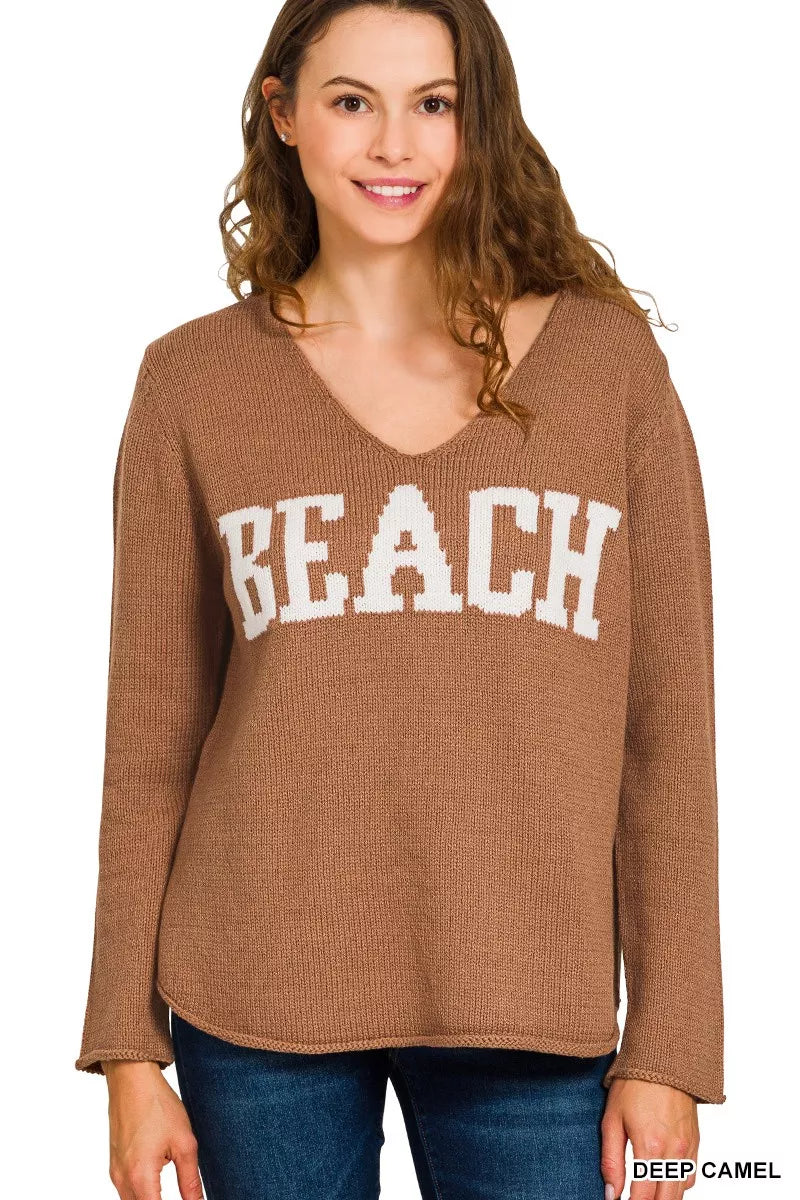 Zenana Beach V Neck Sweater DEEP CAMEL OutfitFlow