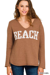 Zenana Beach V Neck Sweater DEEP CAMEL OutfitFlow