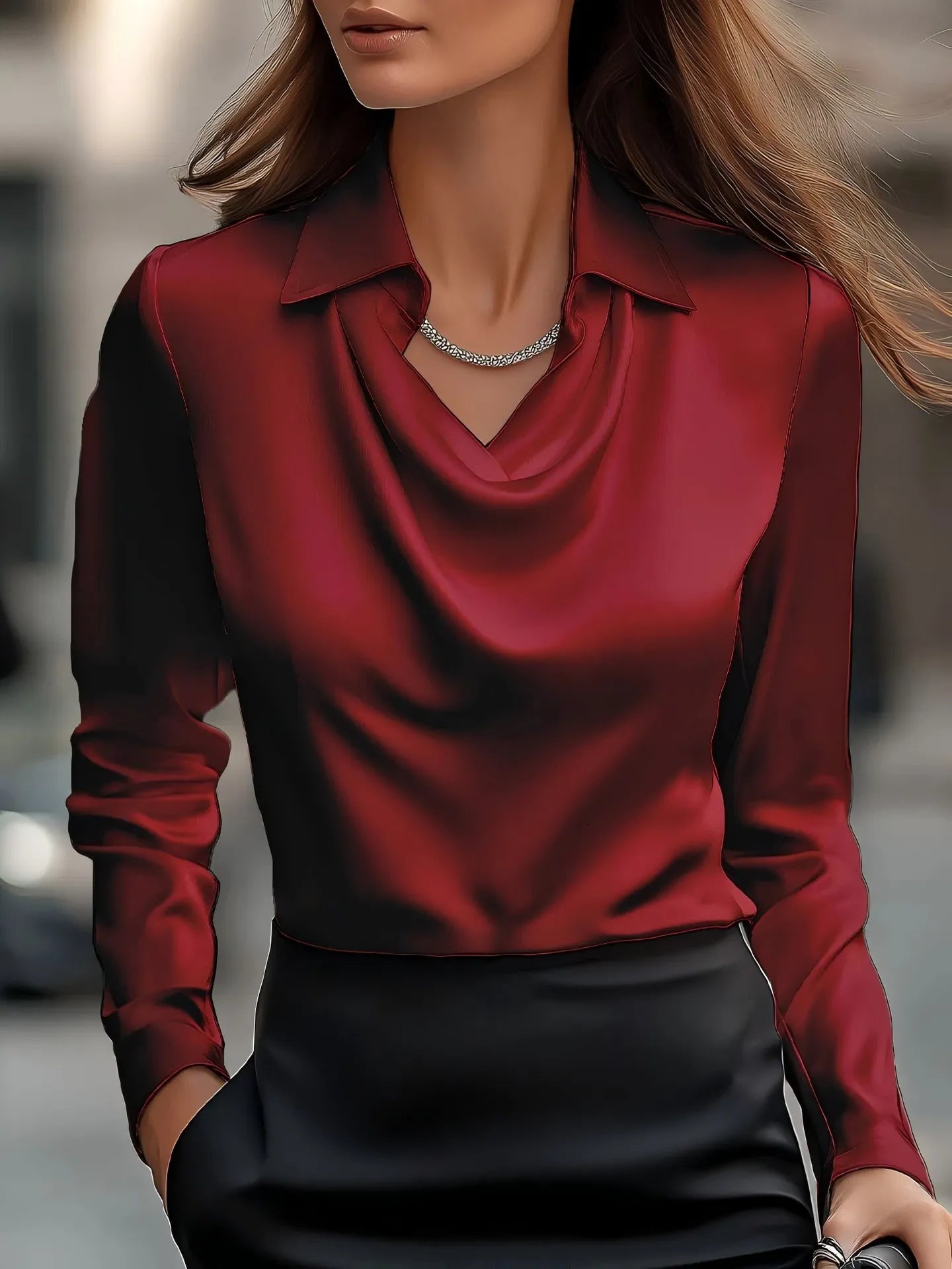 Full Size Collared Neck Long Sleeve Blouse Plus Size Burgundy OutfitFlow
