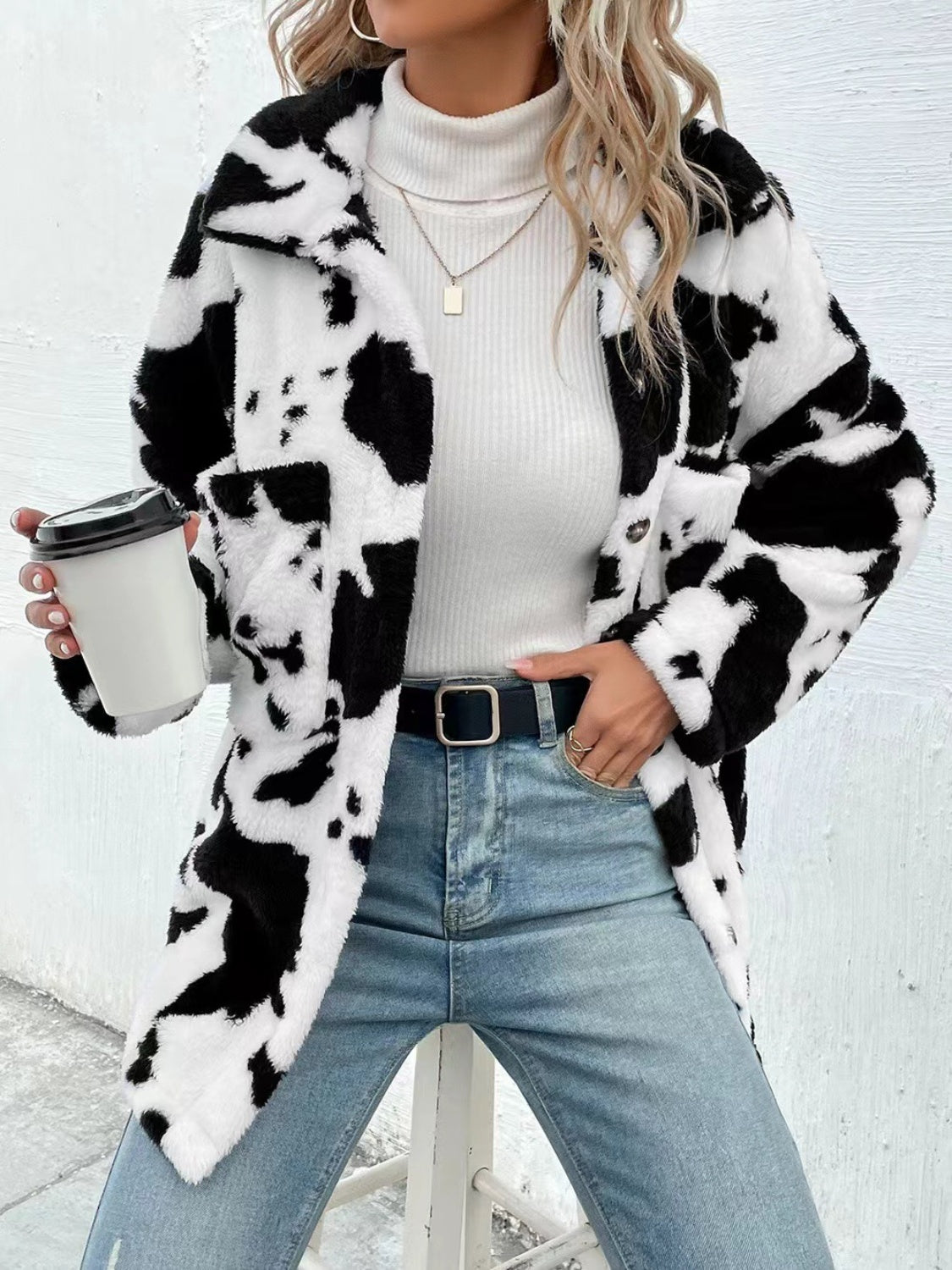 Outfit Flow - Cow Print Collared Neck Button Up Fuzzy Jacket