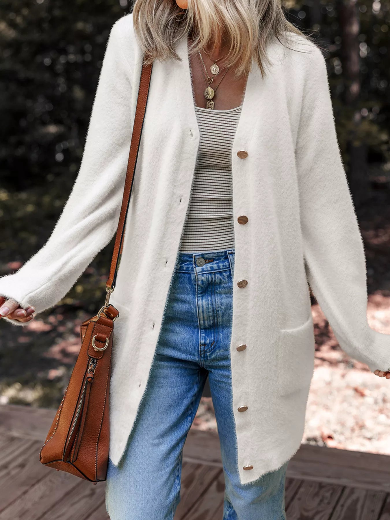 Fuzzy Buttoned Front Cardigan with Pockets White OutfitFlow