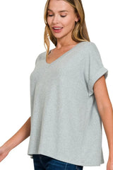 Zenana Soft Melange Hacci V-neck Tee BLUE GREY OutfitFlow