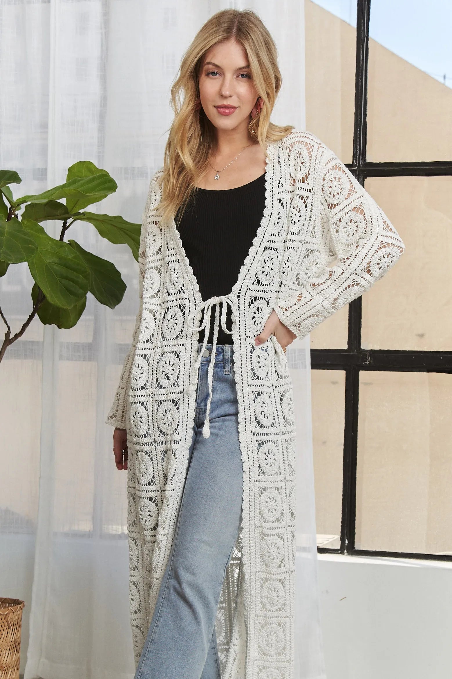 ADORA Long Sleeves Crochet Elastic Cardigan OutfitFlow