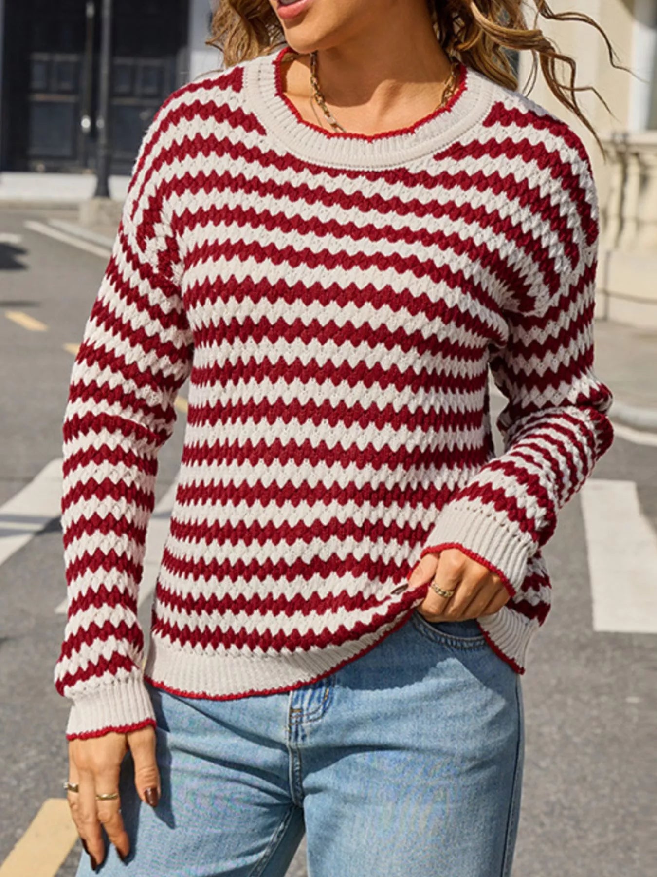 Striped Zigzag Knit Round Neck Sweater Trendsi