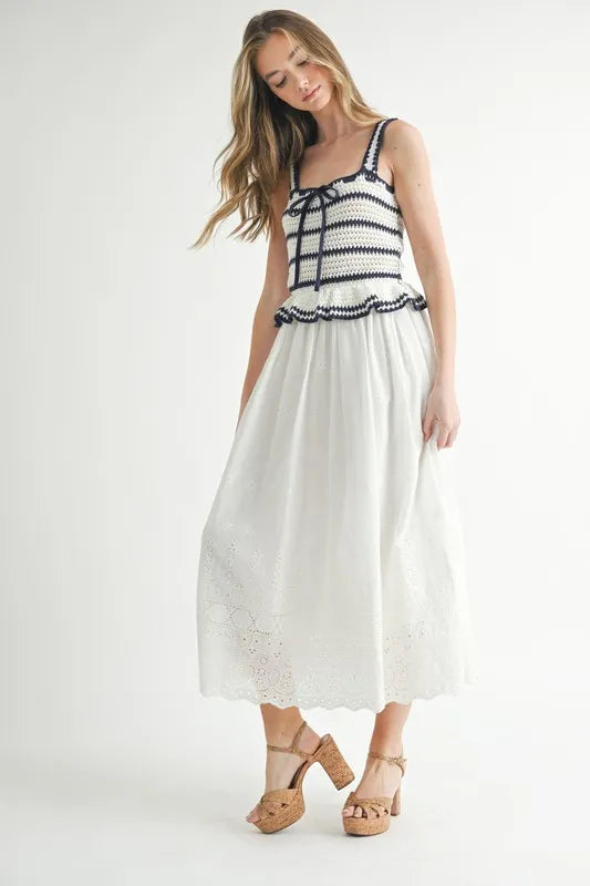 MABLE Crochet Stripe Knit Eyelet Mix Midi Dress OutfitFlow