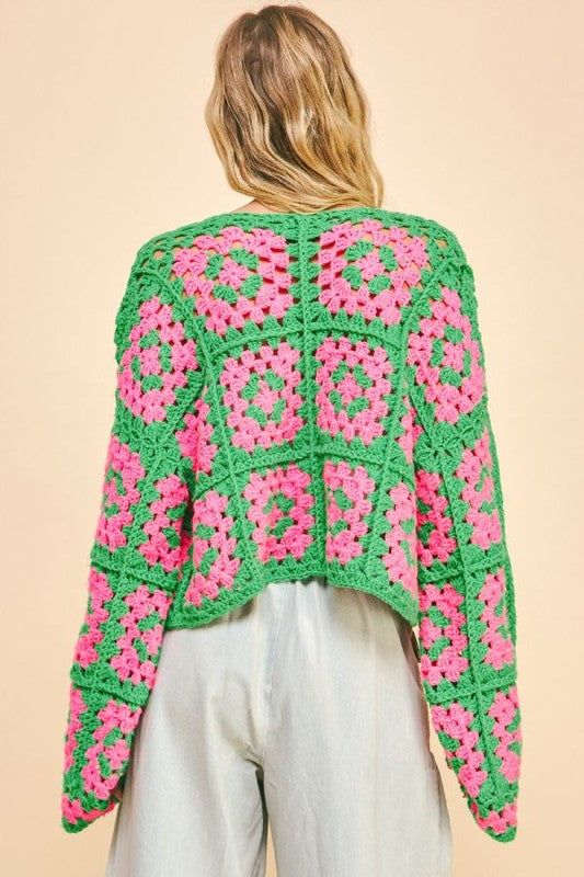 Outfit Flow - Davi & Dani Full Size Two Tone Flower Square Crochet Open Front Cardigan