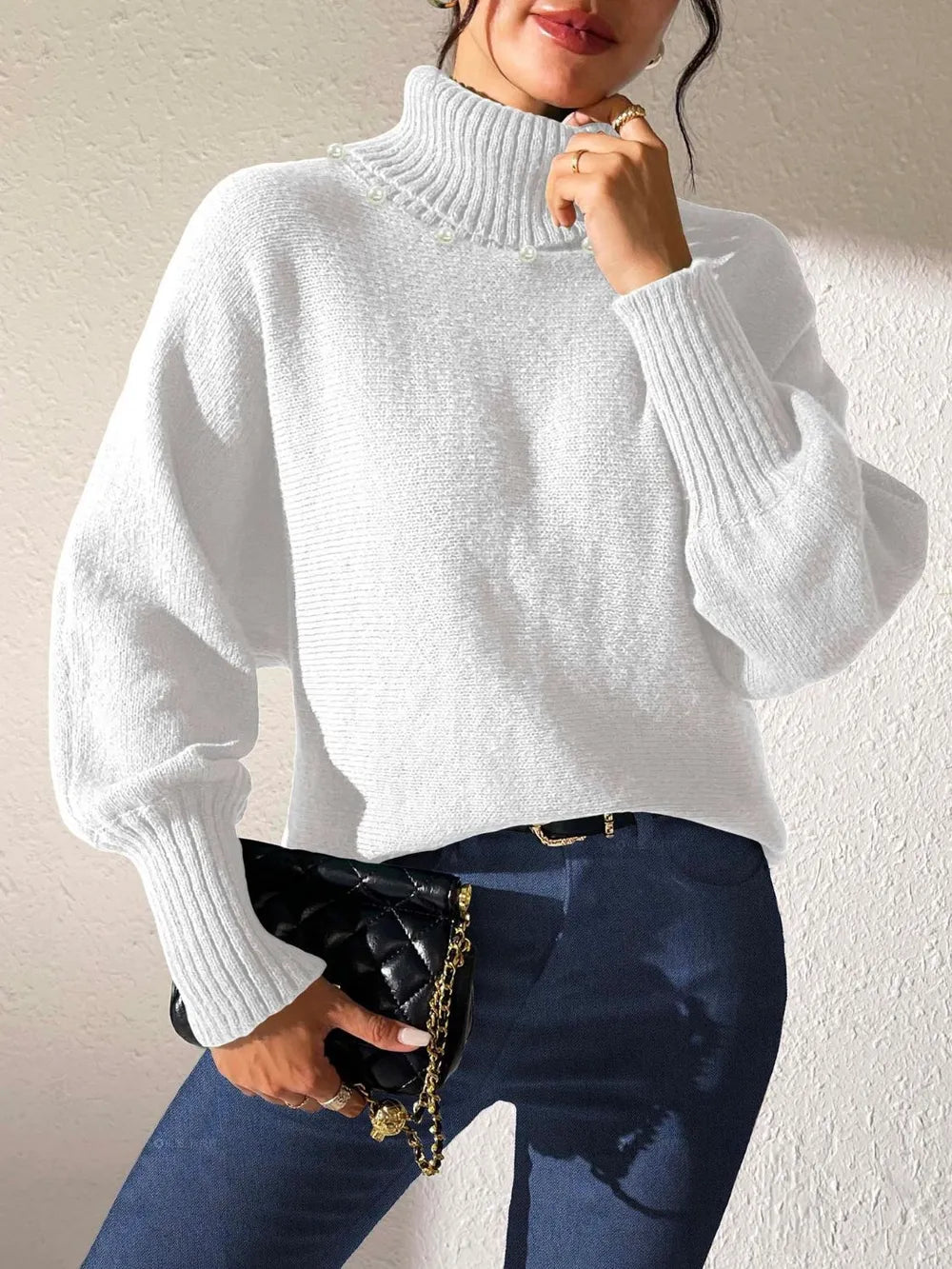 Turtleneck Long Sleeve Sweater White OutfitFlow
