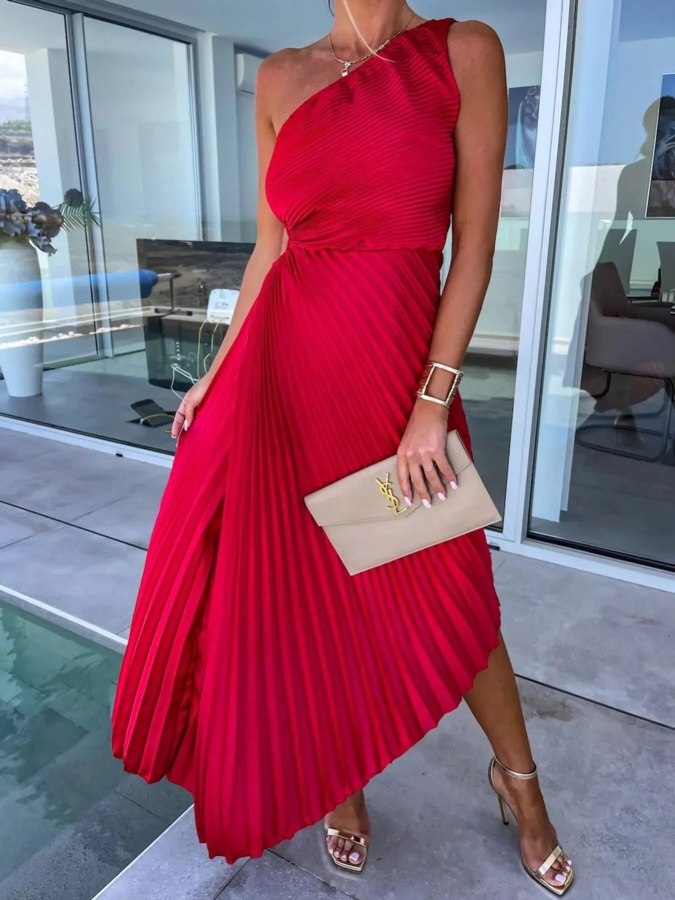 Full Size Single Shoulder Pleated Midi Dress Plus Size Red OutfitFlow