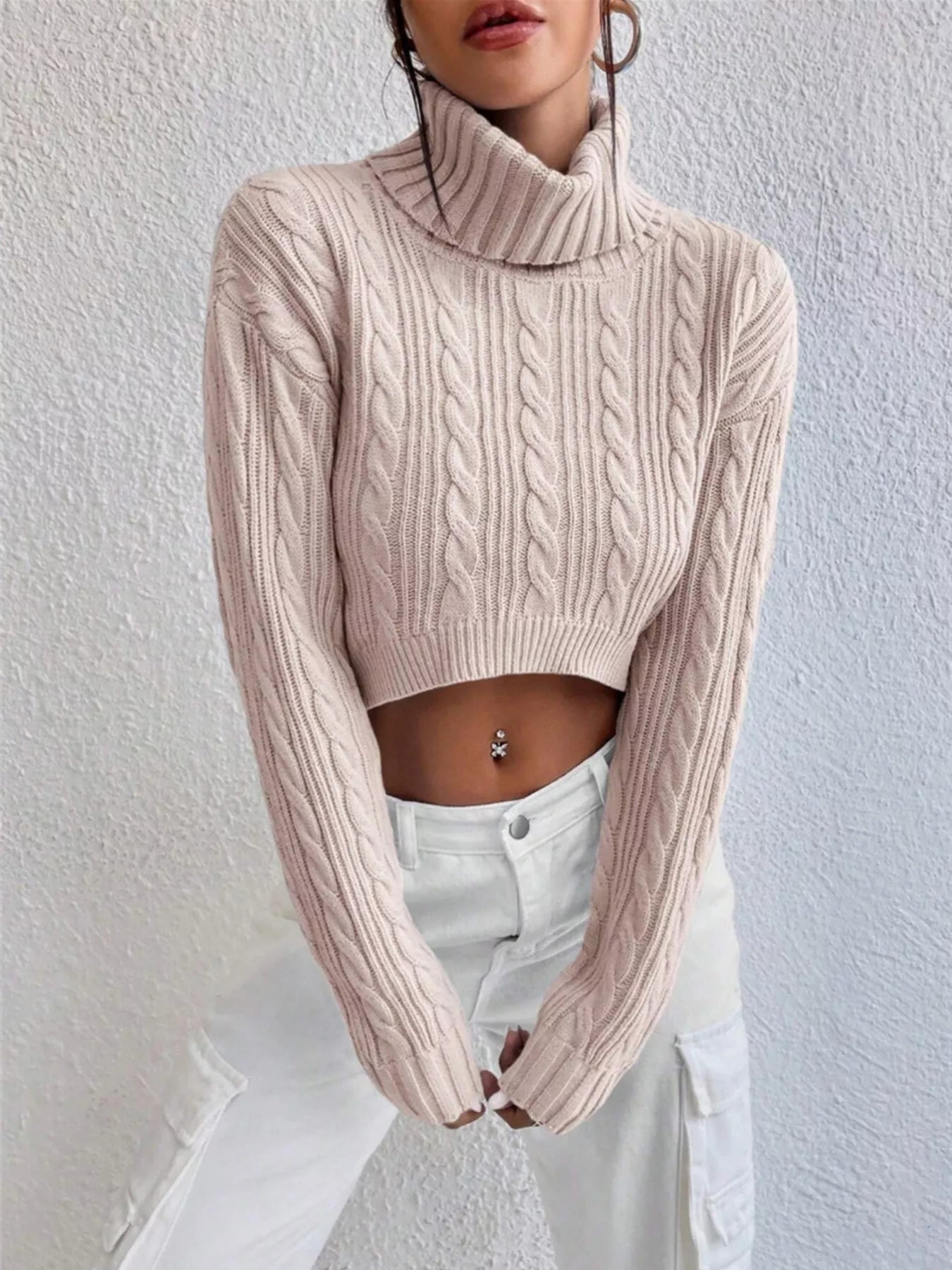 Cable-Knit Turtleneck Long Sleeve Sweater Watermelon pink OutfitFlow