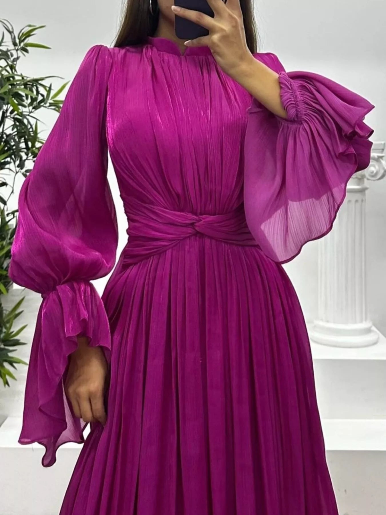 Pleated Mock Neck Long Sleeve Maxi Dress Deep Purple OutfitFlow