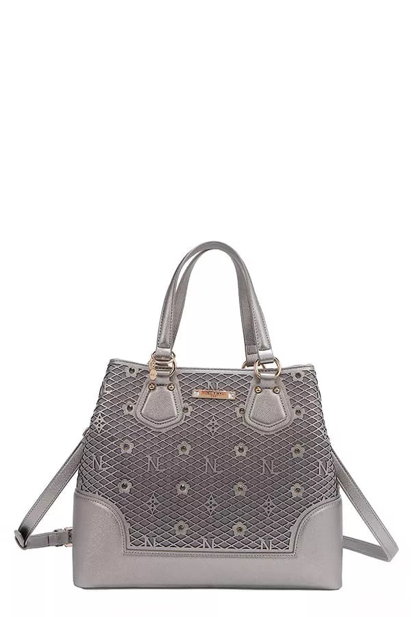 Nicole Lee USA Monogram Pattern Handbag with Rhinestones Decor PEWTER OS Trendsi