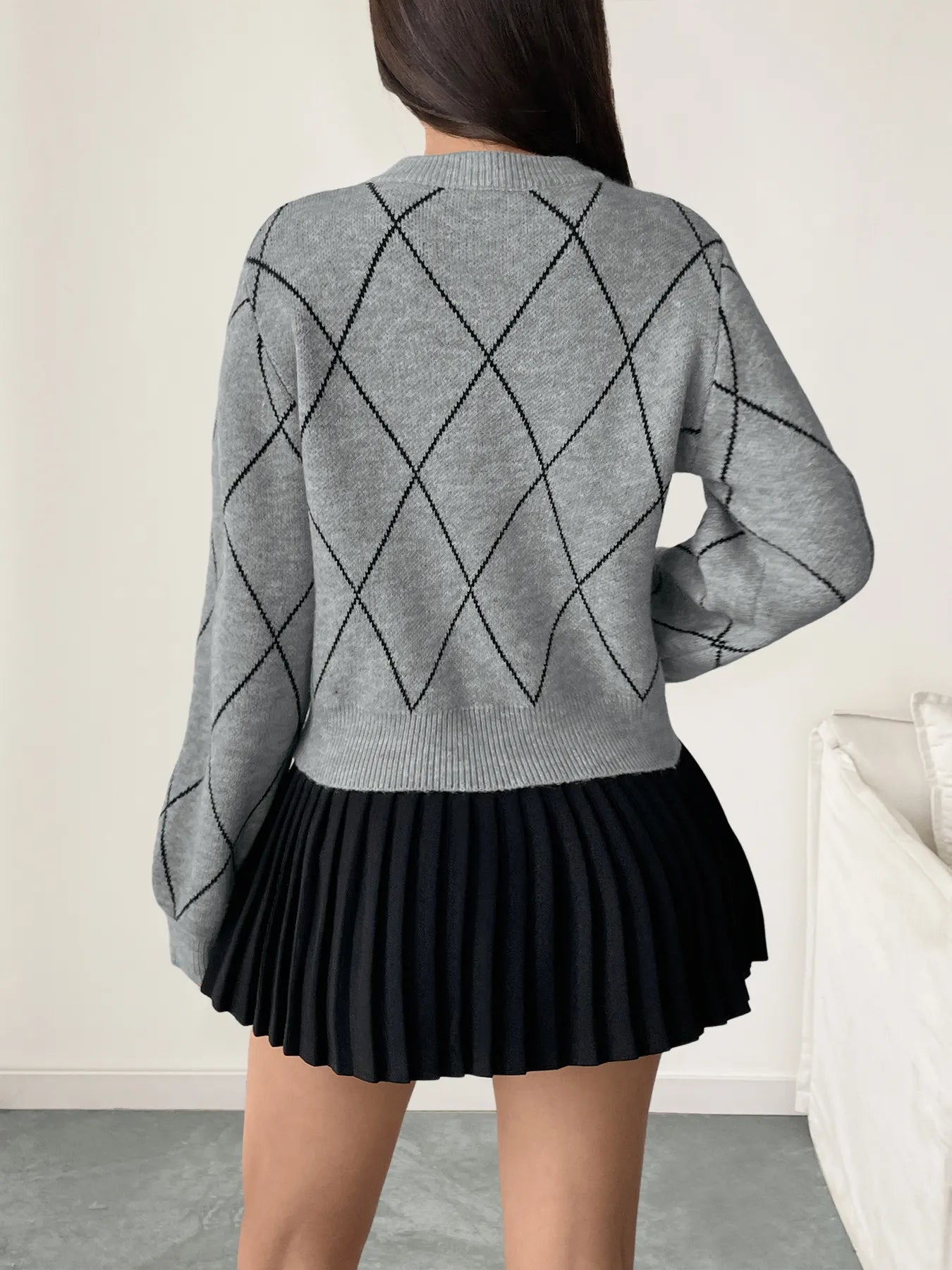 Diamond Pattern Bow Detail Sweater OutfitFlow