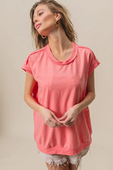 BiBi French Terry Drop Shoulder Basic Top CORAL OutfitFlow