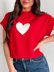 Heart Ribbed Hem Short Sleeve Sweater Trendsi