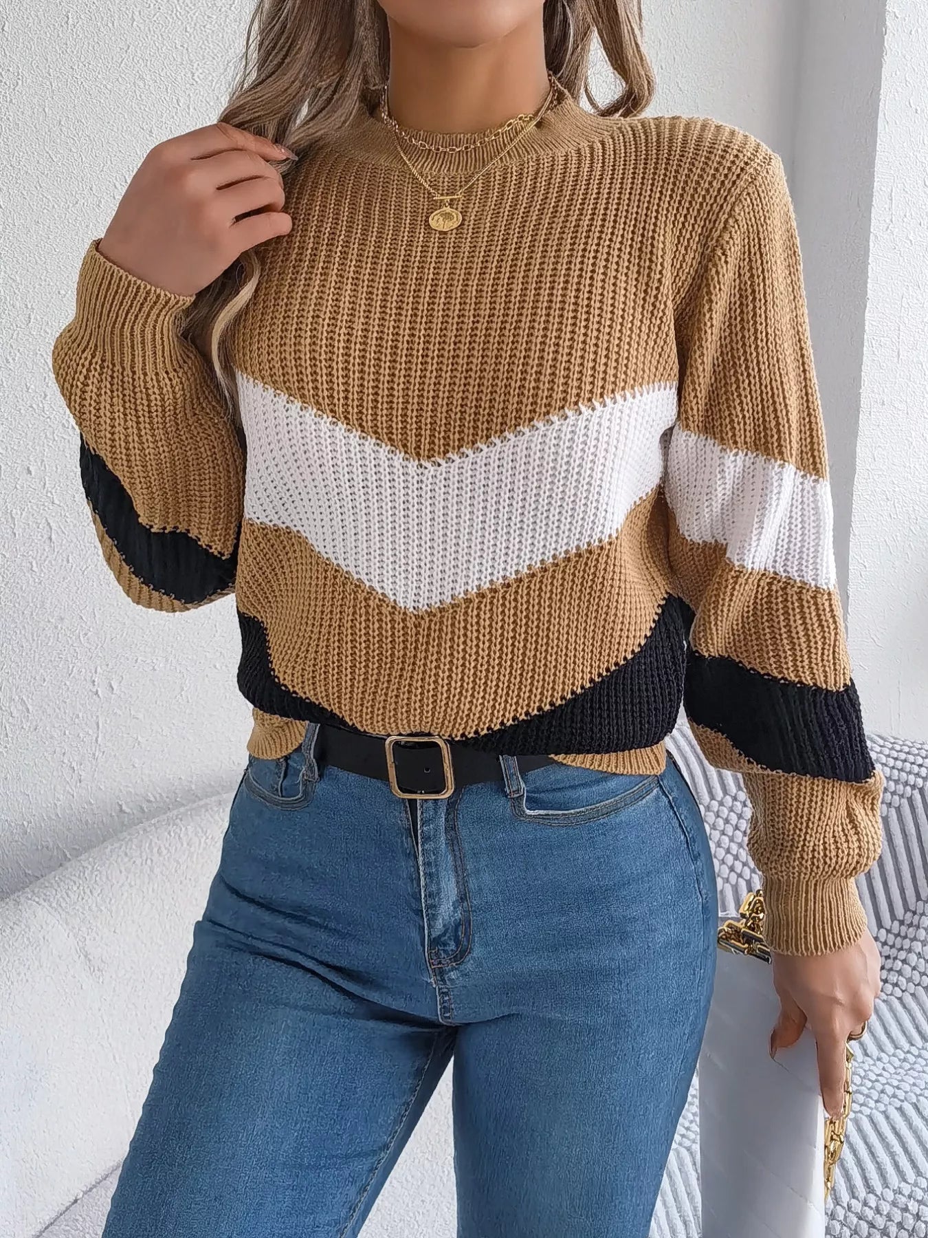 Chevron Stripe Color Block Round Neck Sweater OutfitFlow