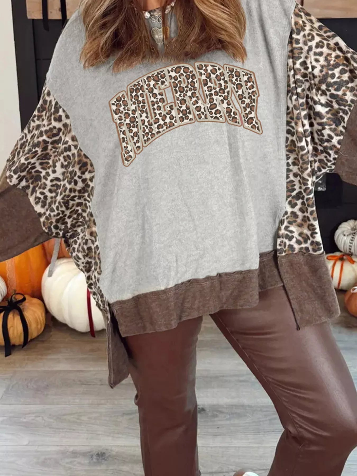 Color Block Leopard Contrast Letter Graphic Christmas Sweatshirt Leopard OutfitFlow