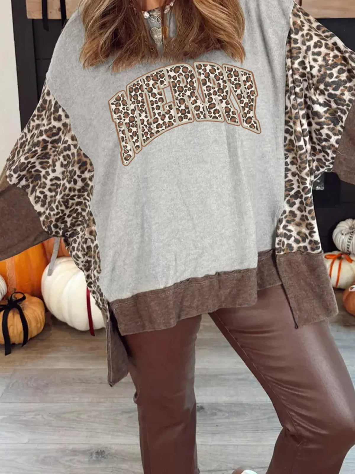 Color Block Leopard Contrast Letter Graphic Christmas Sweatshirt Leopard OutfitFlow