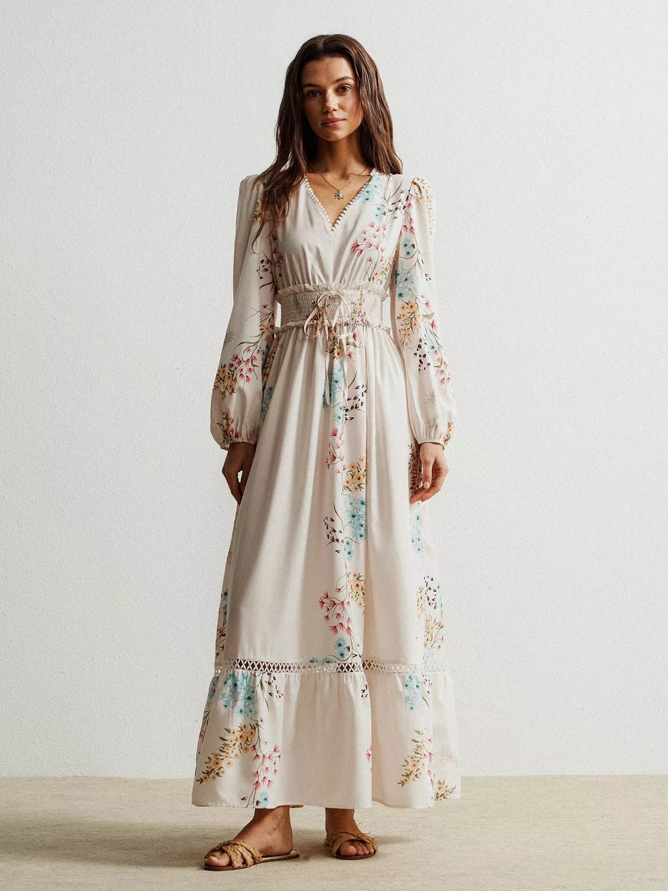 Floral Print Long Sleeve Maxi Dress with Smocked Waist OutfitFlow