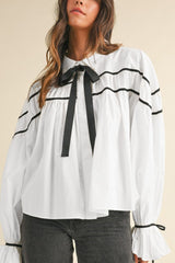 Outfit Flow - Ribbon Bowtie Collared Neck Flounce Sleeve Shirt