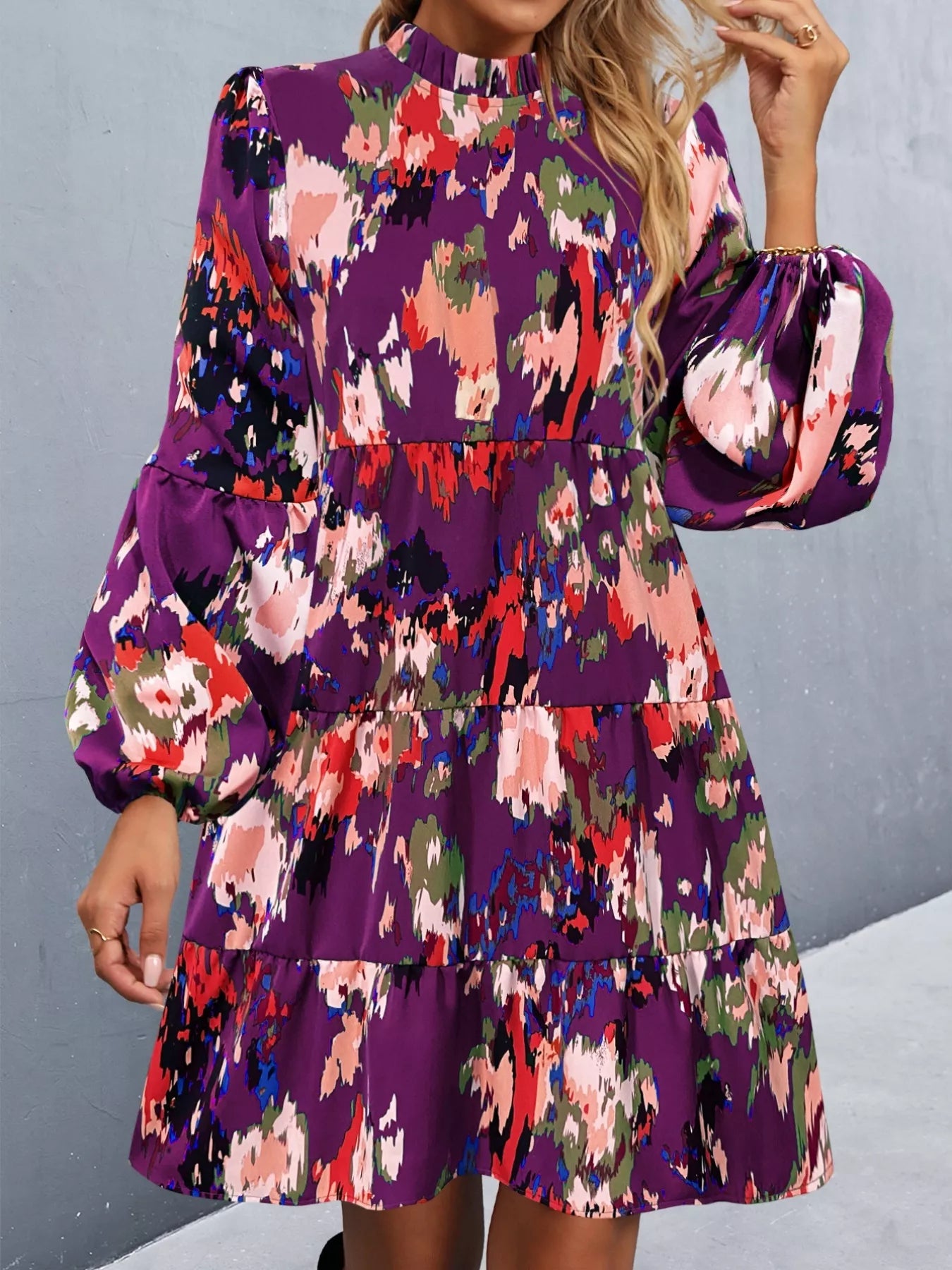 Printed Balloon Sleeve Mini Dress Violet OutfitFlow