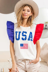 BiBi USA Theme Color Block Organza Ruffle Sleeve Top OutfitFlow