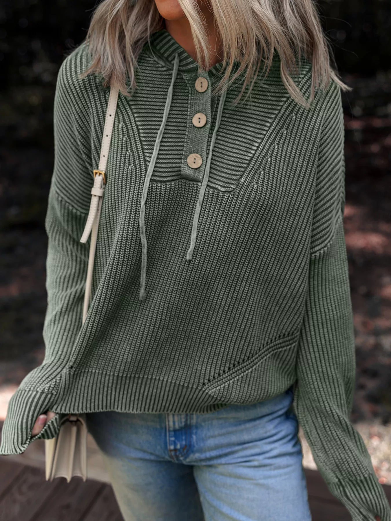 Mineral Wash Ribbed Knit Button Drawstring Neck Hooded Sweater OutfitFlow