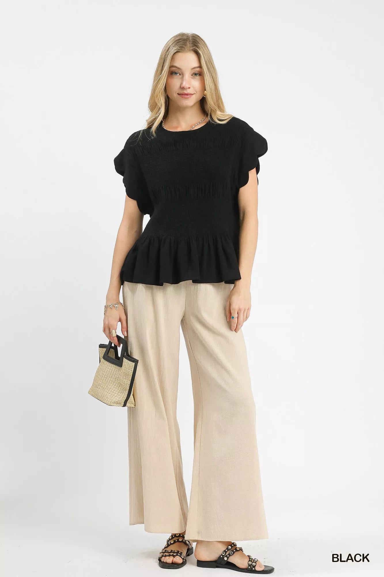 Umgee Linen Blend Smocked Peplum Blouse OutfitFlow