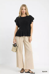 Umgee Linen Blend Smocked Peplum Blouse OutfitFlow