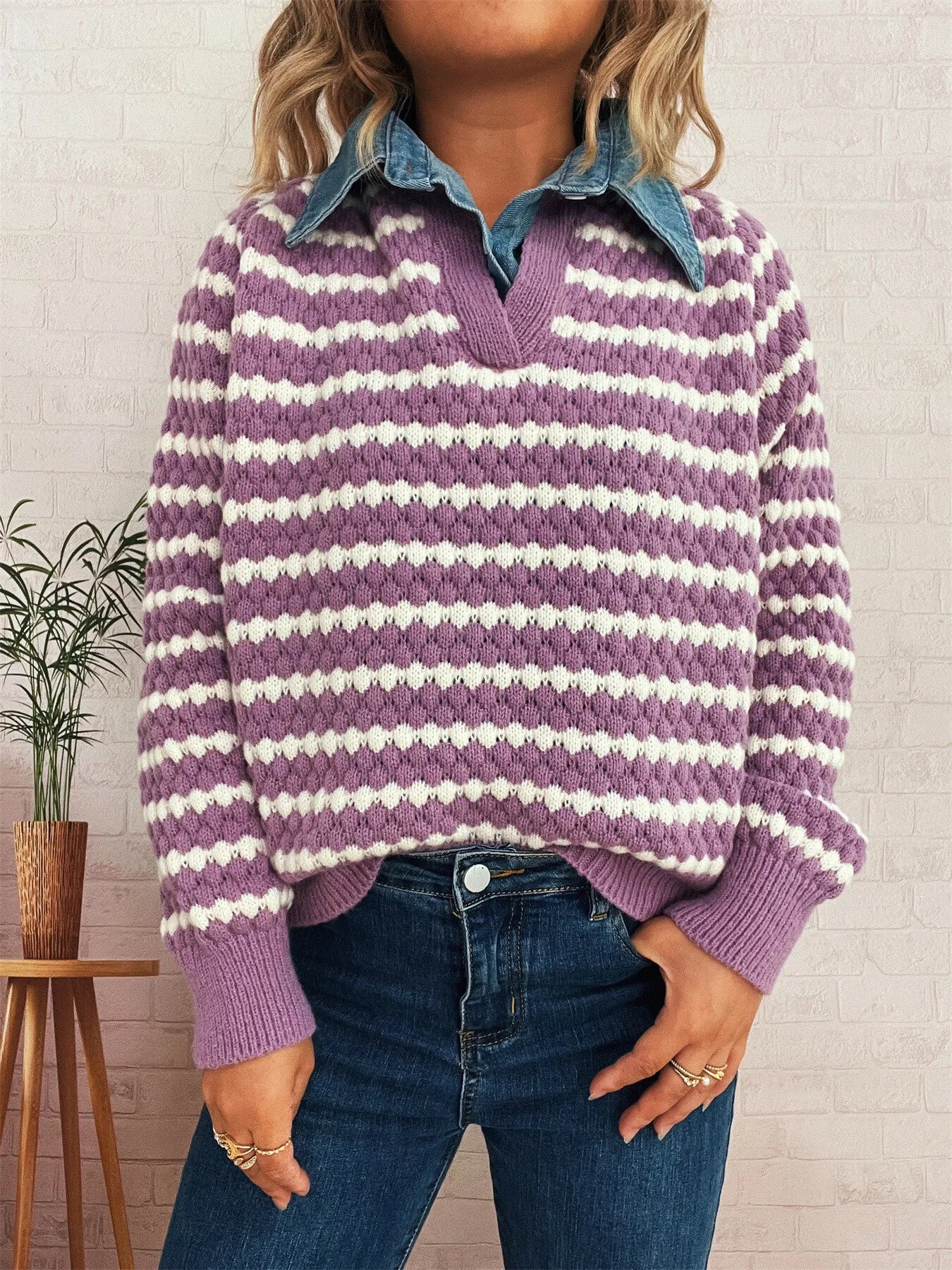Contrast Striped Sweater with Denim Collar Purple One Size OutfitFlow