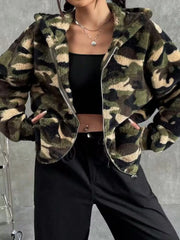 Camo Print Fuzzy Zip Up Outerwear OutfitFlow
