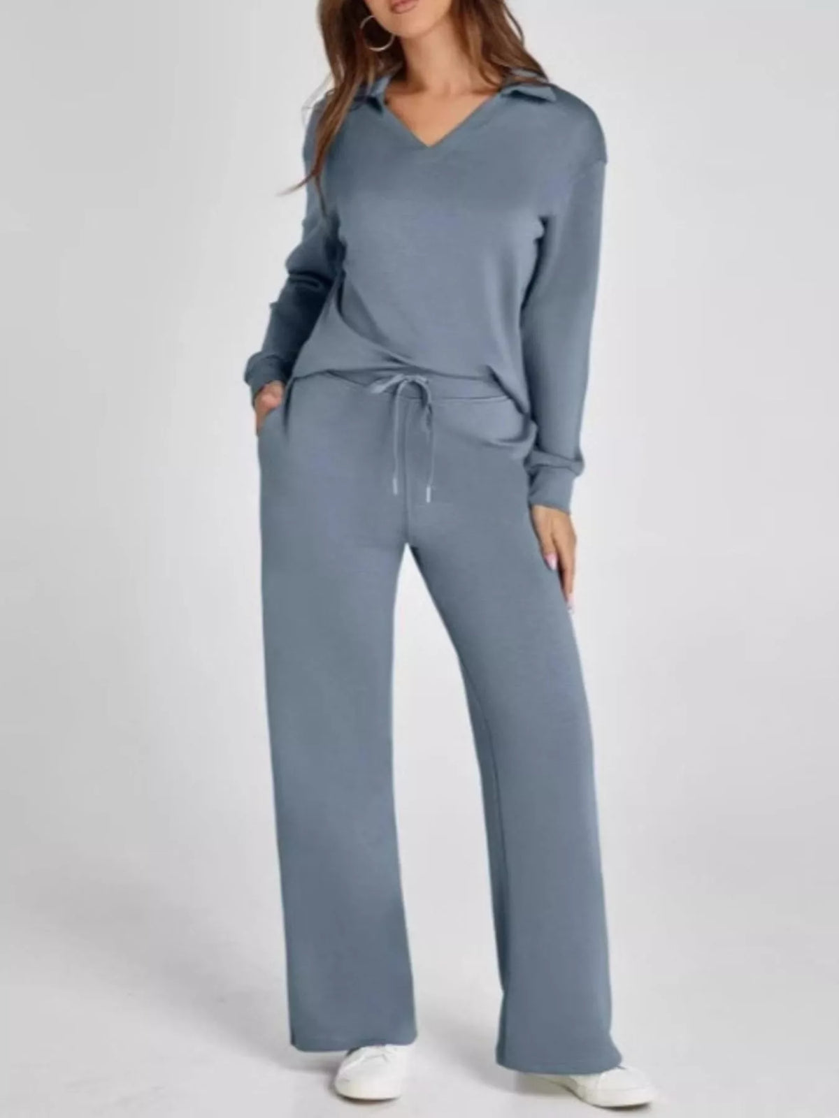 Full Size Johnny Collar Long Sleeve Top and Pants Plus Size Gray OutfitFlow