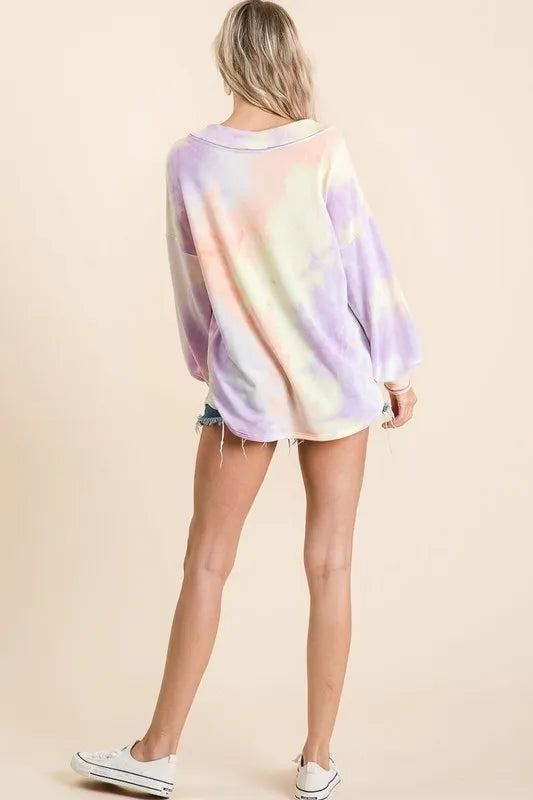 BiBi Tie Dye French Terry V-Neck Top with Puff Sleeves OutfitFlow